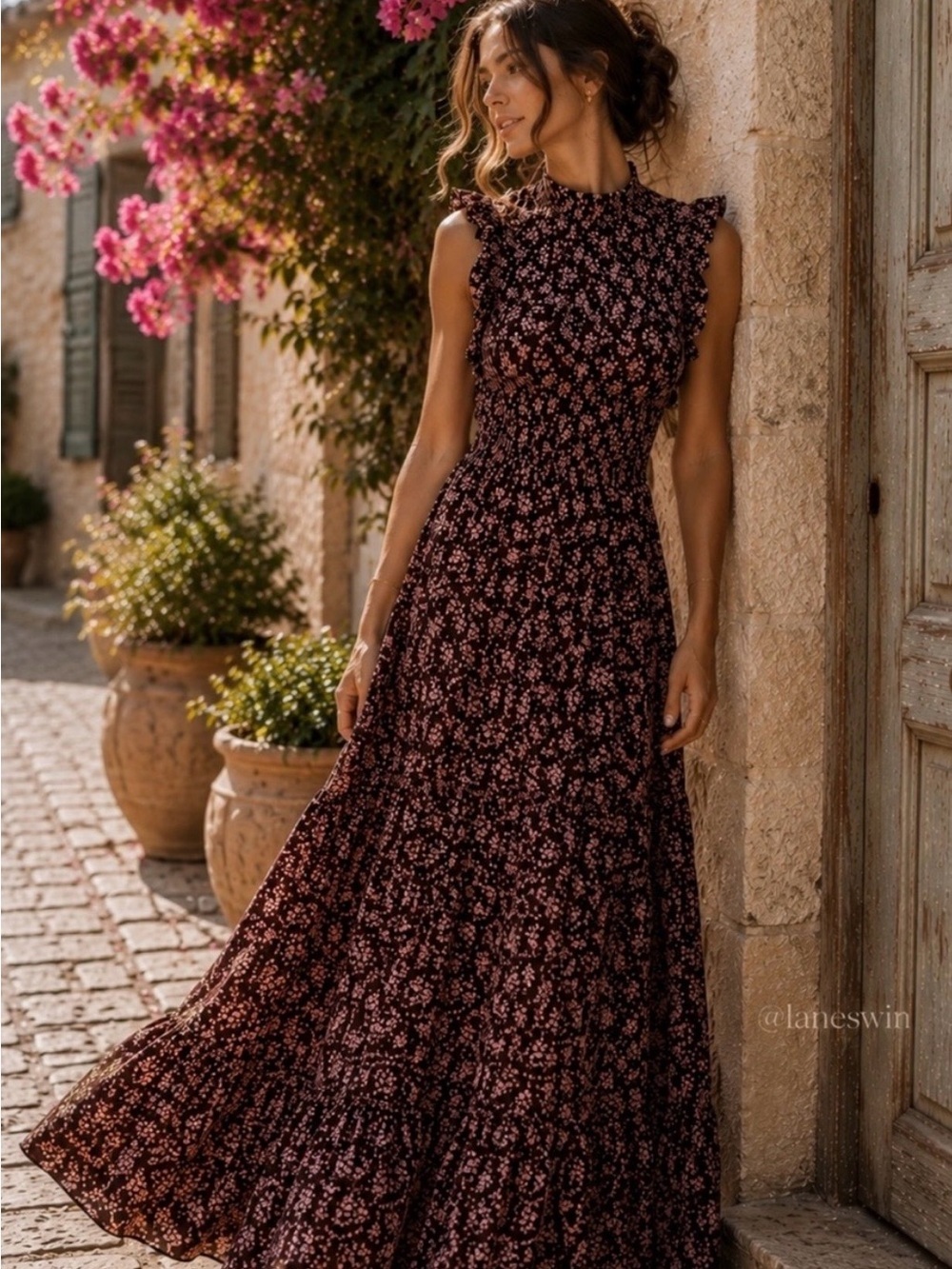 Caroline Constas Floral Smocked Maxi Dress Brown Pink size Small